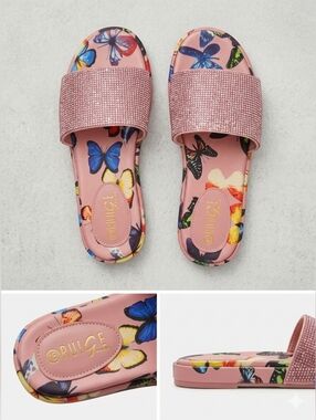 👣ROUGE! Mellow Rhinestone Band Printed Slide Sandals in Pink